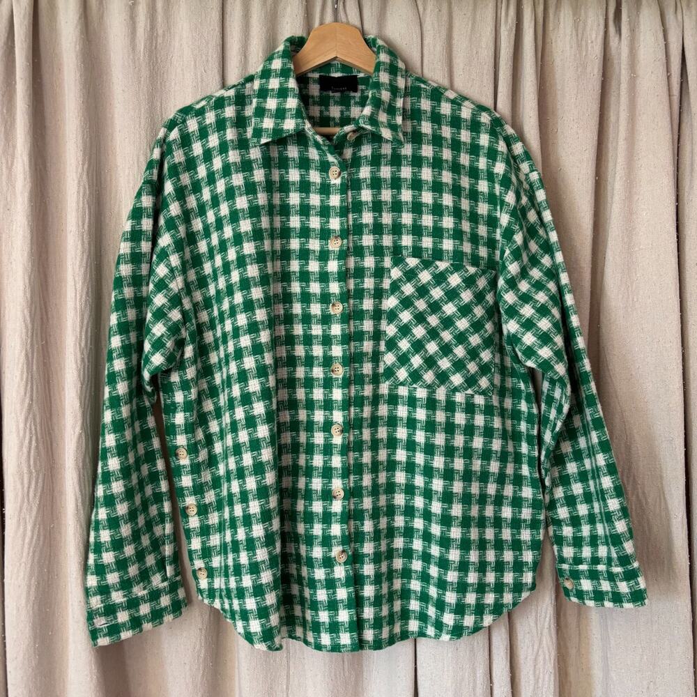 Lumiere‎ Green White Gingham Check Button Front Overshirt Oversize Cottagecore